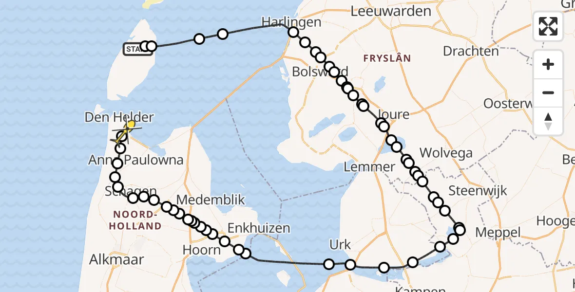 Routekaart van de vlucht: Kustwachthelikopter naar Vliegveld De Kooy