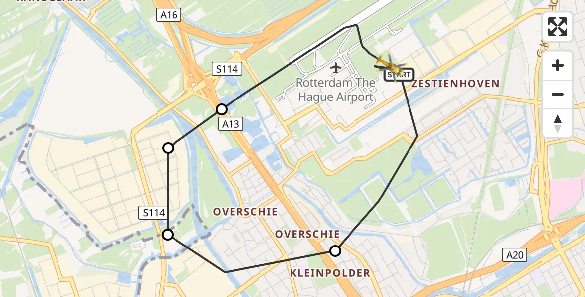 Vluchtroute Traumahelikopter Rotterdam The Hague Airport - Rotterdam The Hague Airport, 06 januari 2024, 19:04