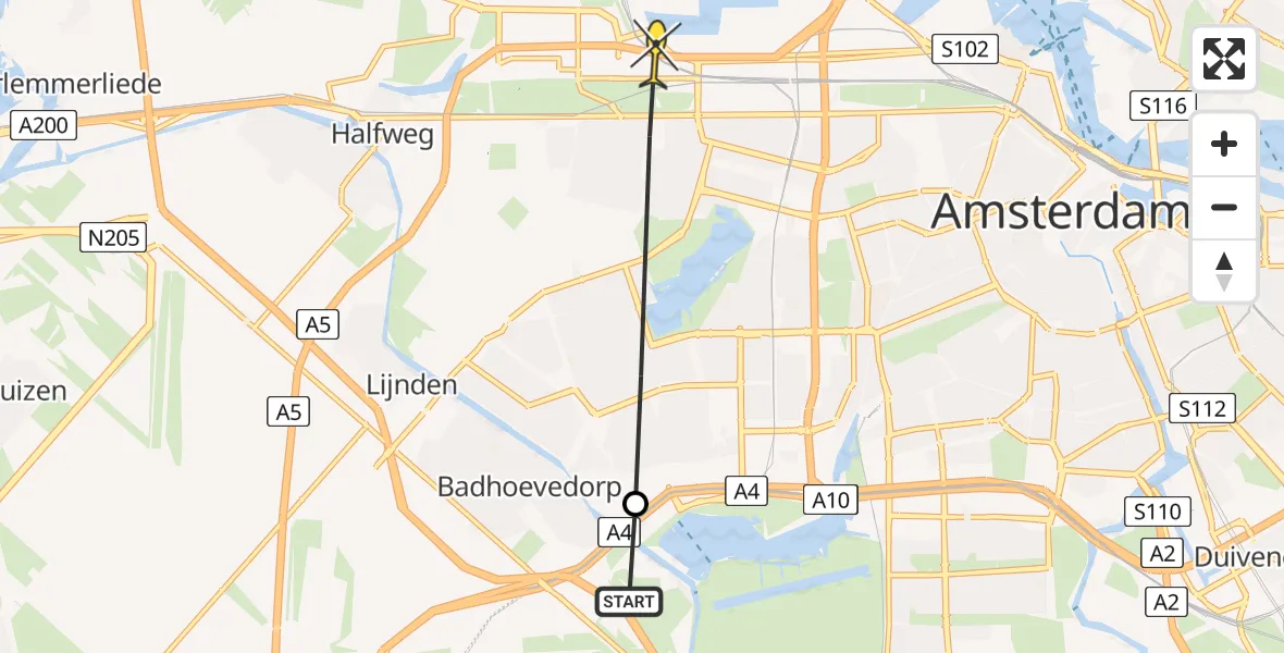 Routekaart van de vlucht: Politieheli naar Amsterdam