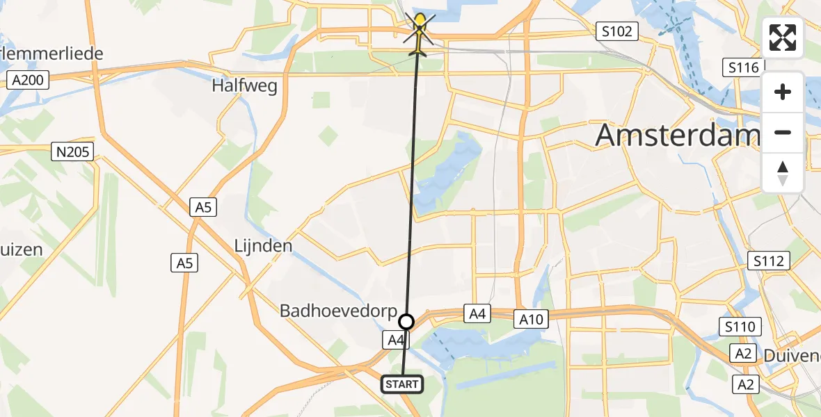 Routekaart van de vlucht: Politiehelikopter naar Amsterdam