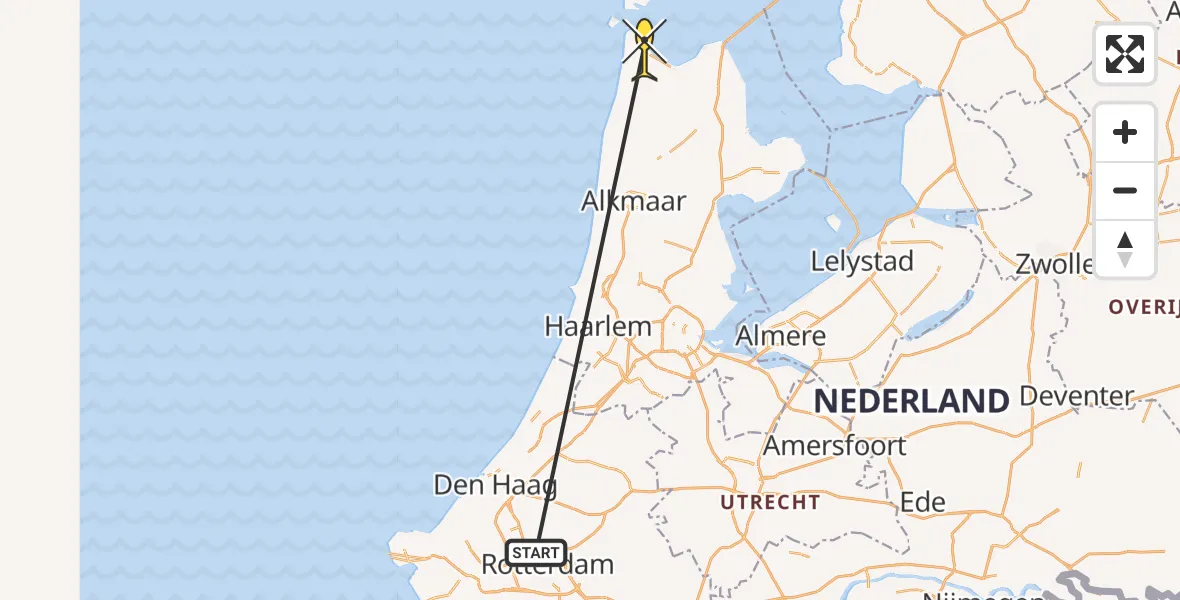 Vluchtroute Traumahelikopter van Rotterdam The Hague Airport naar Vliegveld De Kooy