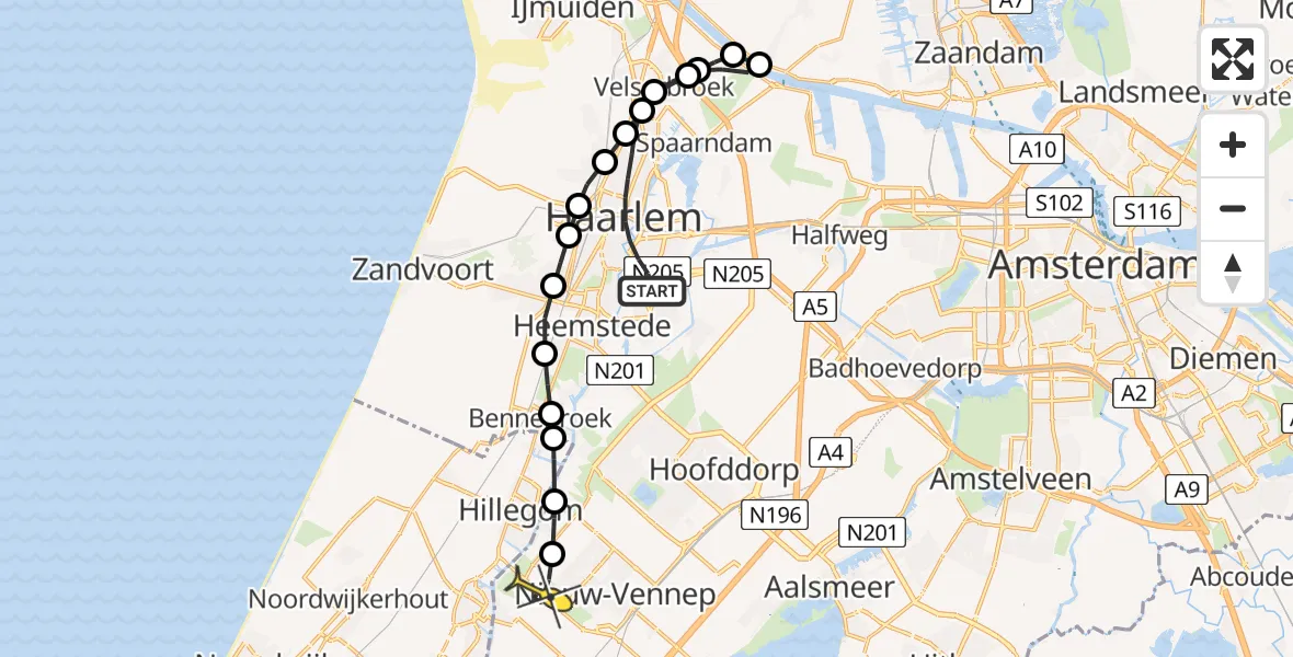 Routekaart van de vlucht: Lifeliner 1 naar Nieuw-Vennep