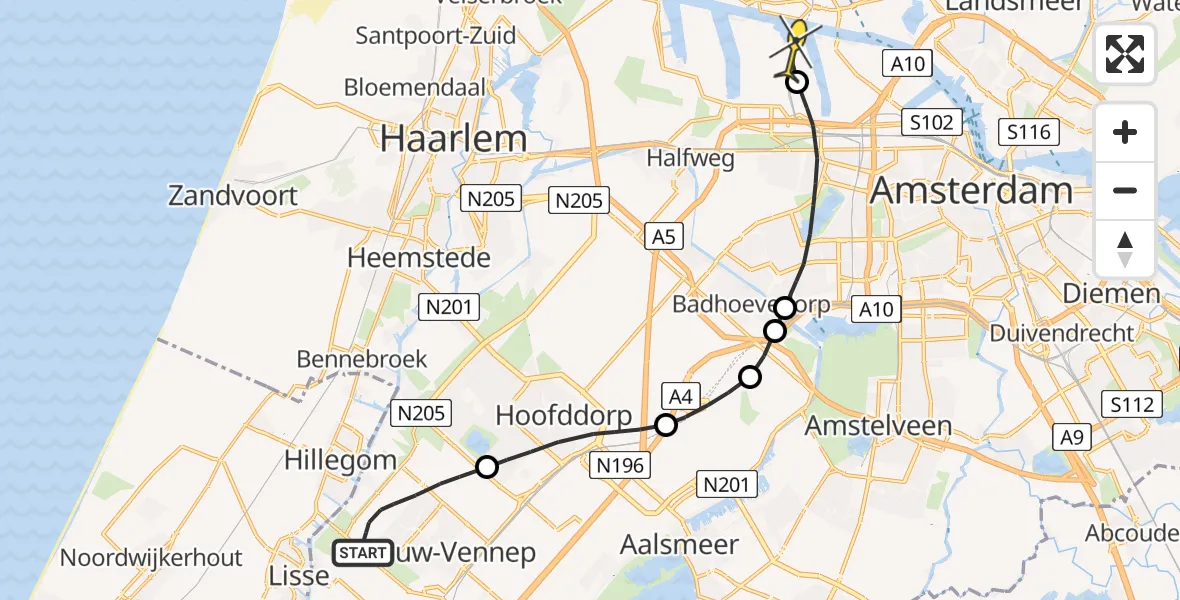 Routekaart van de vlucht: Lifeliner 1 naar Amsterdam Heliport