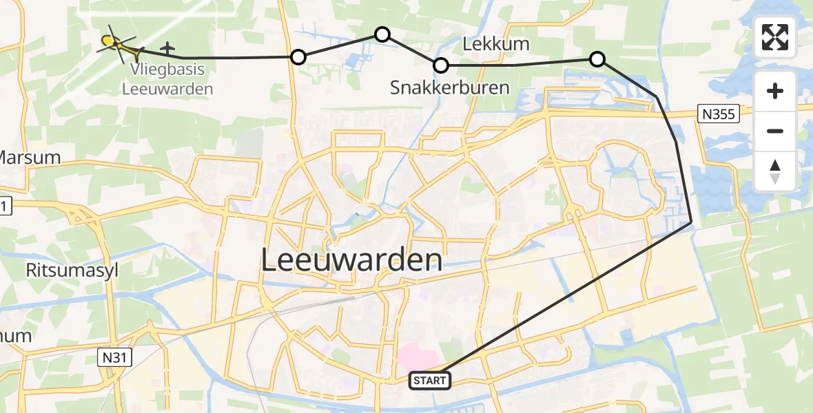 Routekaart van de vlucht: Ambulanceheli naar Vliegbasis Leeuwarden