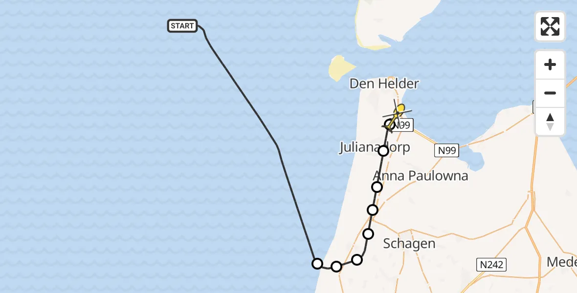 Routekaart van de vlucht: Kustwachthelikopter naar Vliegveld De Kooy