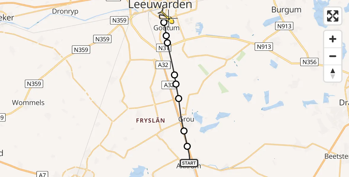 Routekaart van de vlucht: Lifeliner 4 naar Leeuwarden