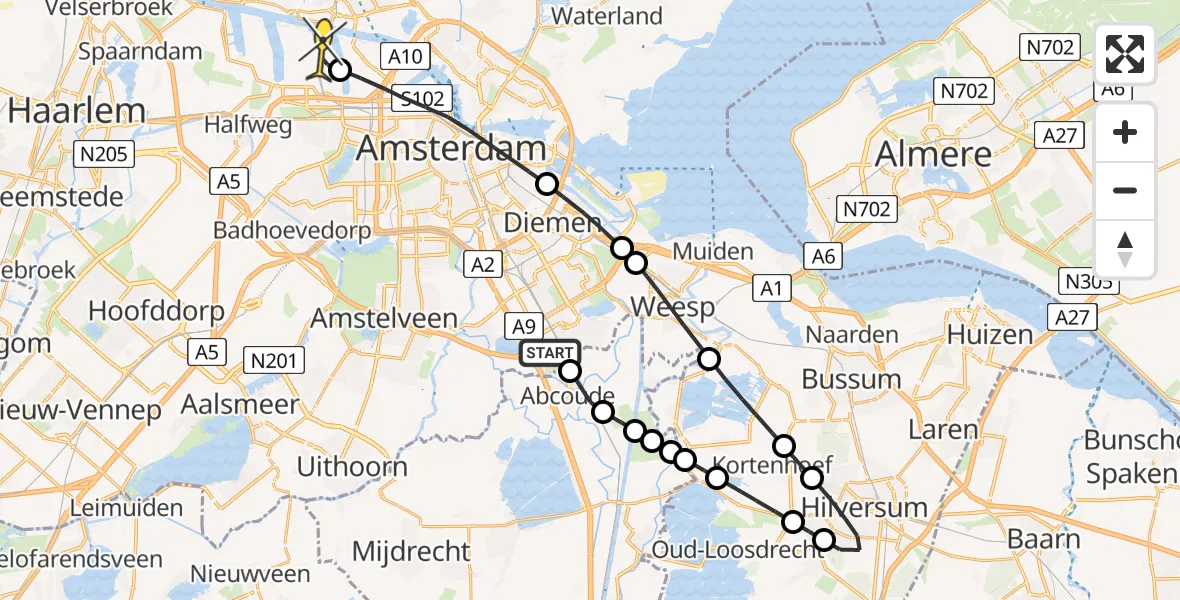 Routekaart van de vlucht: Lifeliner 1 naar Amsterdam Heliport