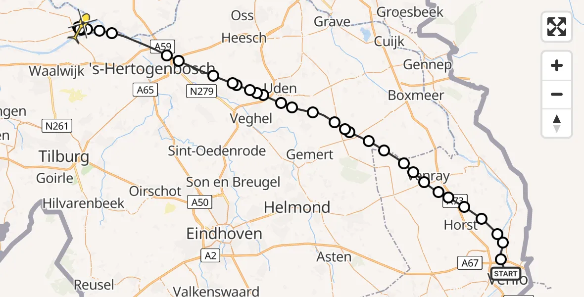 Routekaart van de vlucht: Lifeliner 3 naar Wijk en Aalburg