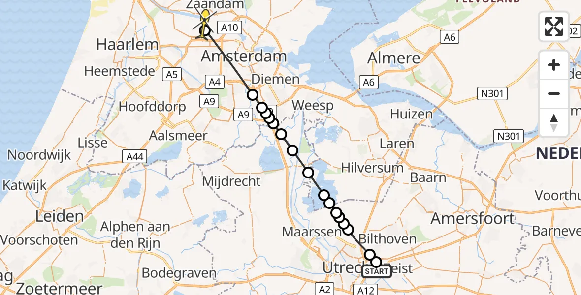 Routekaart van de vlucht: Lifeliner 1 naar Amsterdam Heliport