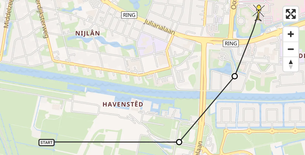 Vluchtroute Ambulancehelikopter van Leeuwarden naar Leeuwarden