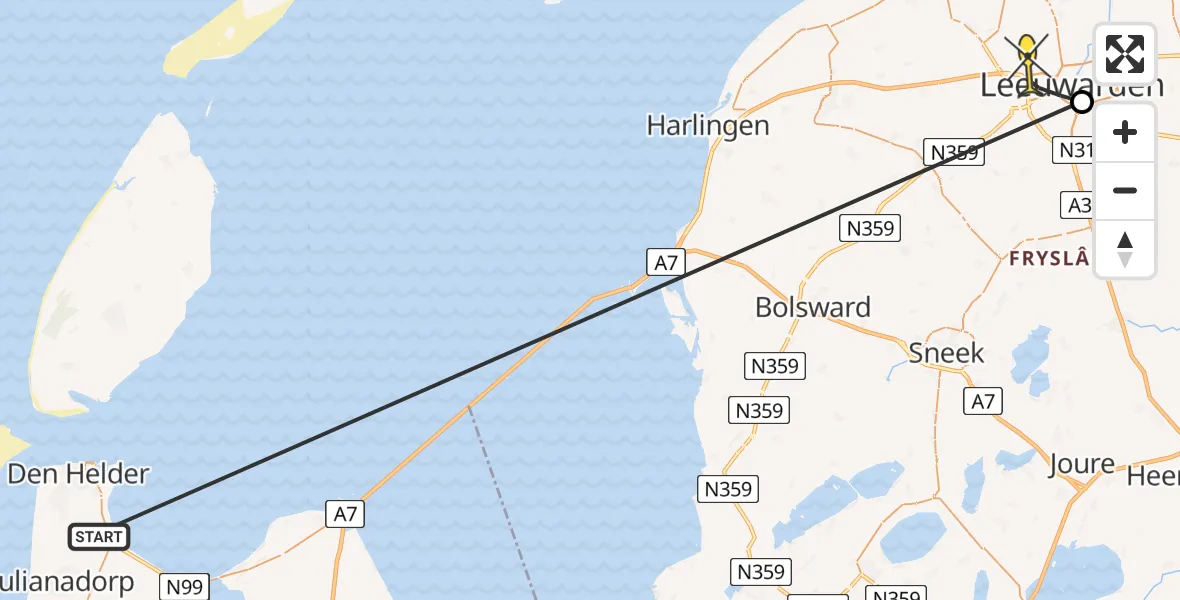 Routekaart van de vlucht: Kustwachthelikopter naar Leeuwarden