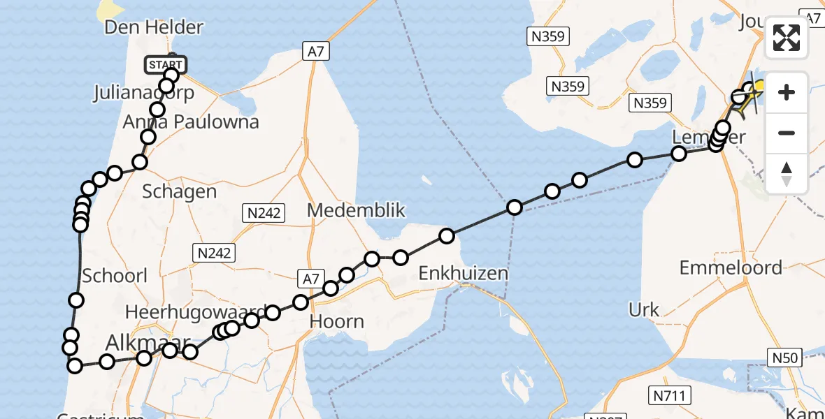 Routekaart van de vlucht: Kustwachthelikopter naar Oosterzee