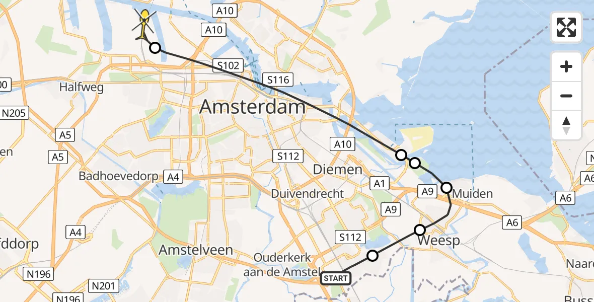 Routekaart van de vlucht: Lifeliner 1 naar Amsterdam Heliport