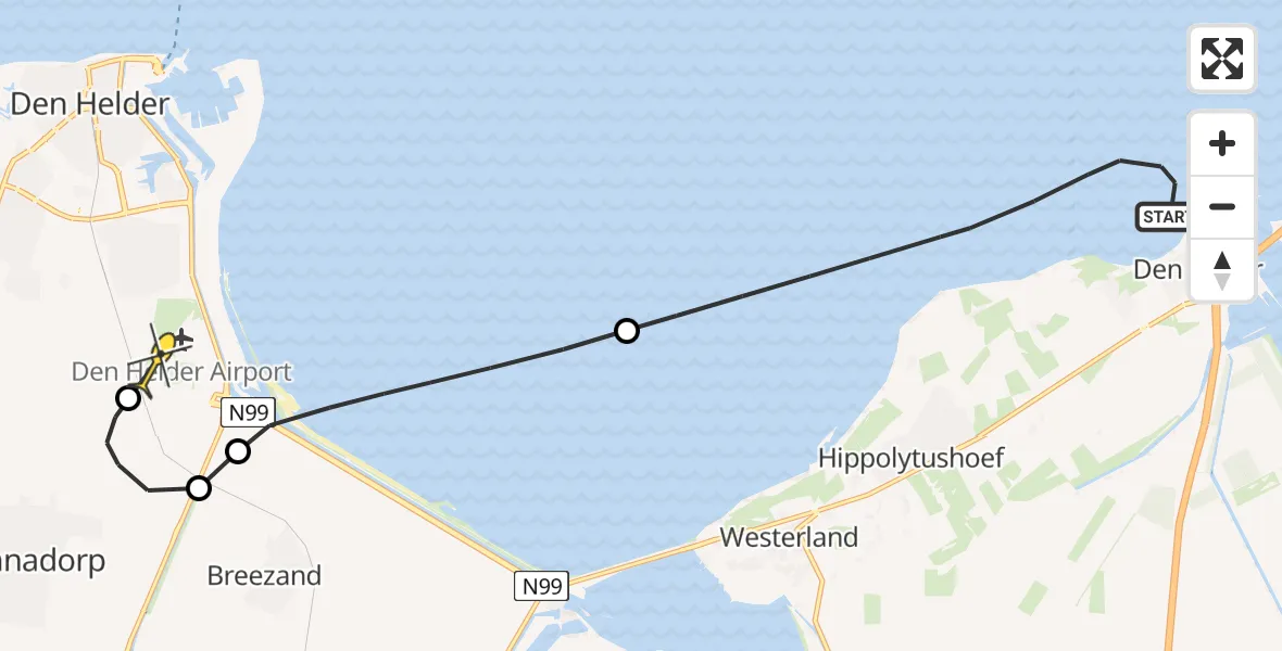 Routekaart van de vlucht: Kustwachthelikopter naar Vliegveld De Kooy