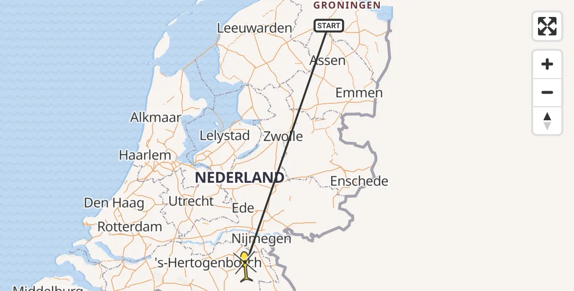 Vluchtroute Traumahelikopter van Universitair Medisch Centrum Groningen naar Vliegbasis Volkel