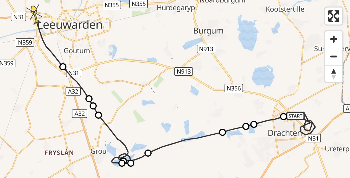 Routekaart van de vlucht: Ambulanceheli naar Leeuwarden