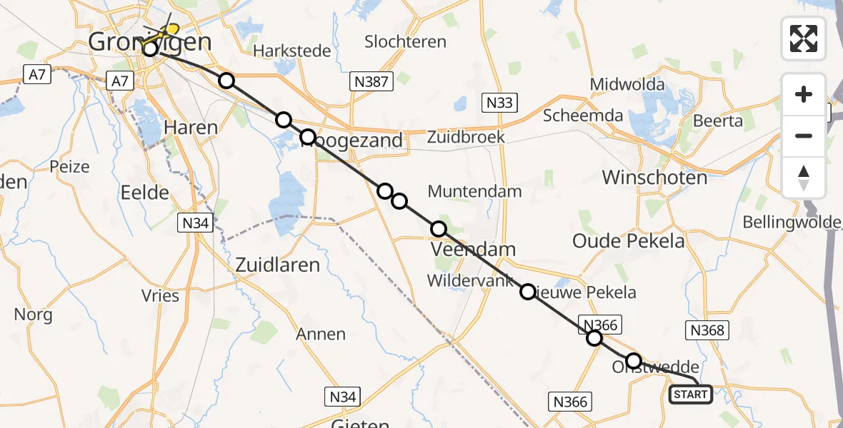 Routekaart van de vlucht: Lifeliner 4 naar Universitair Medisch Centrum Groningen