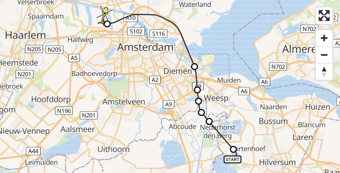 Routekaart van de vlucht: Lifeliner 1 naar Amsterdam Heliport