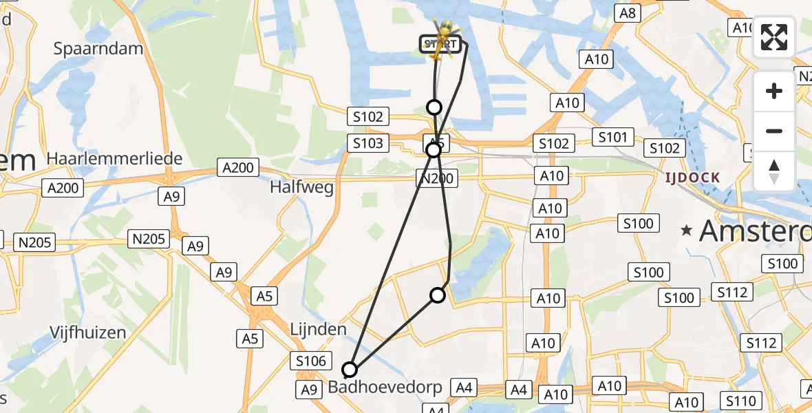 Vluchtroute Traumahelikopter Amsterdam Heliport - Amsterdam Heliport, 08 januari 2024, 06:57
