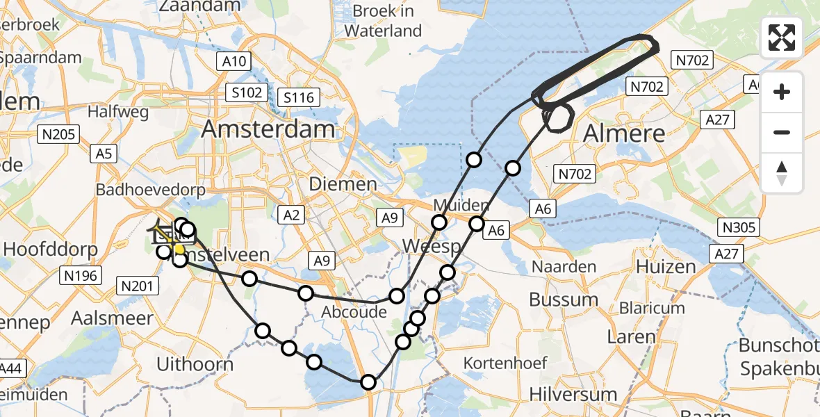 Routekaart van de vlucht: Politieheli naar Schiphol