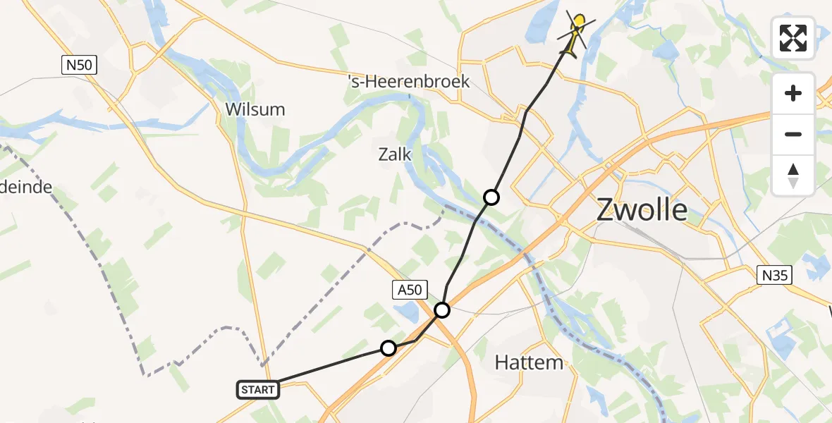 Routekaart van de vlucht: Ambulanceheli naar Zwolle