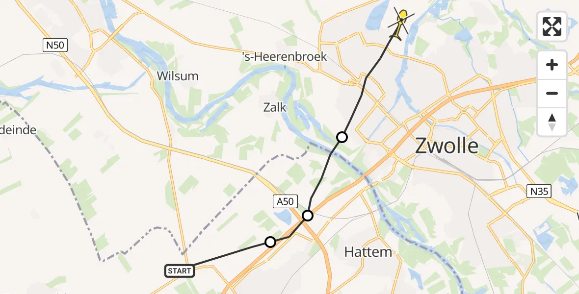 Routekaart van de vlucht: Ambulancehelikopter naar Zwolle