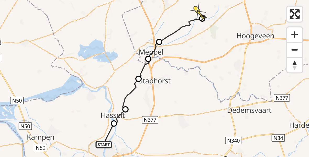 Routekaart van de vlucht: Ambulanceheli naar Ruinen