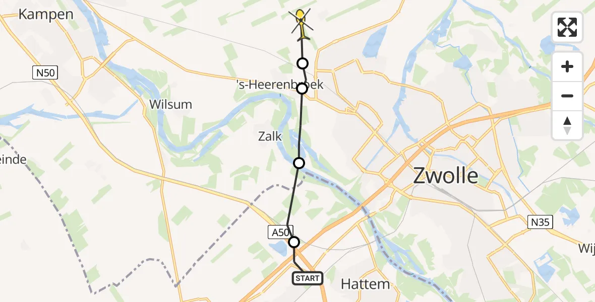 Routekaart van de vlucht: Ambulancehelikopter naar Zwolle