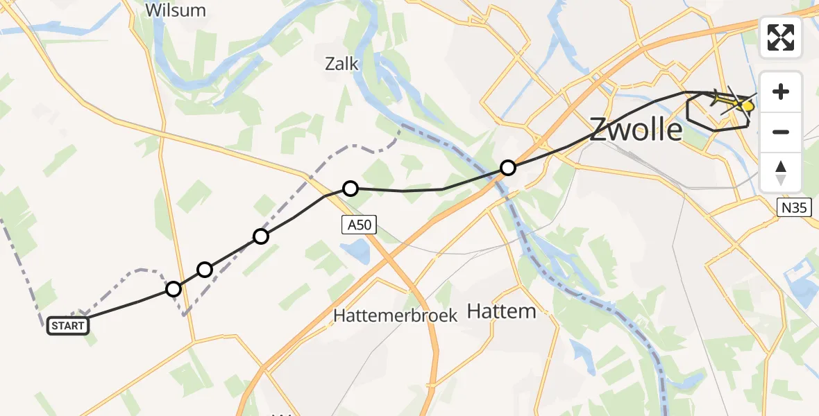Routekaart van de vlucht: Politieheli naar Zwolle