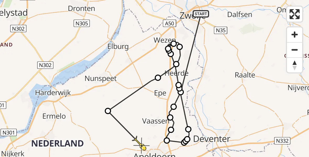 Routekaart van de vlucht: Politieheli naar Wenum Wiesel