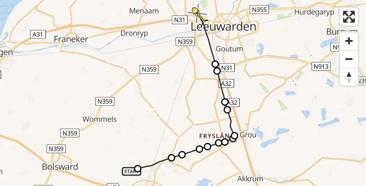 Routekaart van de vlucht: Ambulanceheli naar Leeuwarden