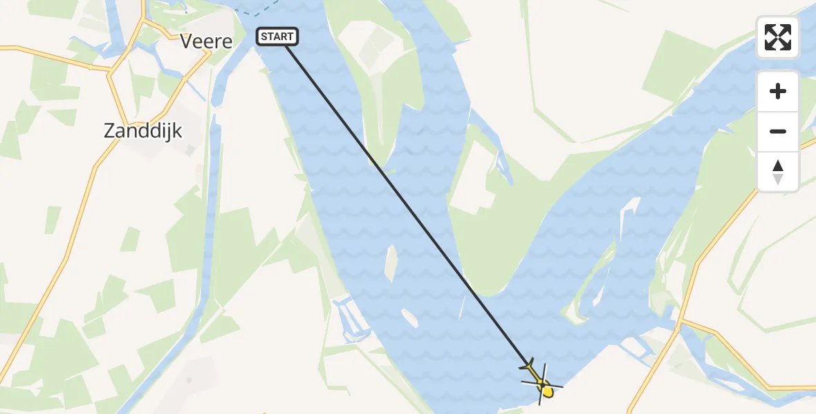 Routekaart van de vlucht: Kustwachthelikopter naar Vliegveld Midden-Zeeland