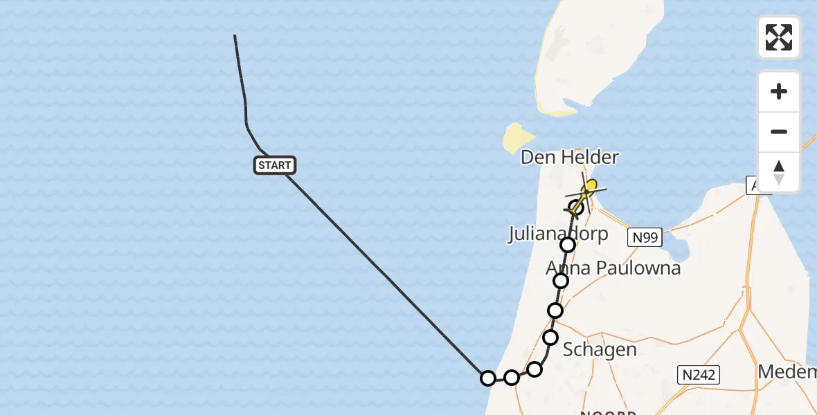 Routekaart van de vlucht: Kustwachthelikopter naar Vliegveld De Kooy