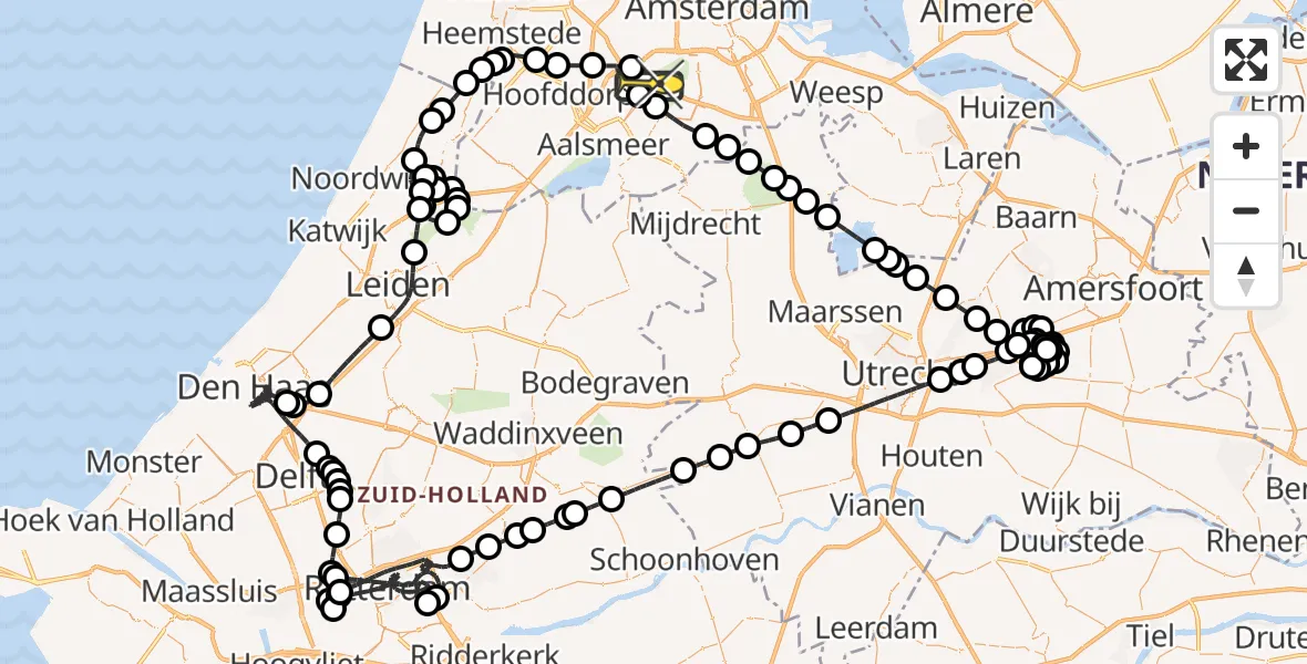 Routekaart van de vlucht: Politieheli naar Schiphol