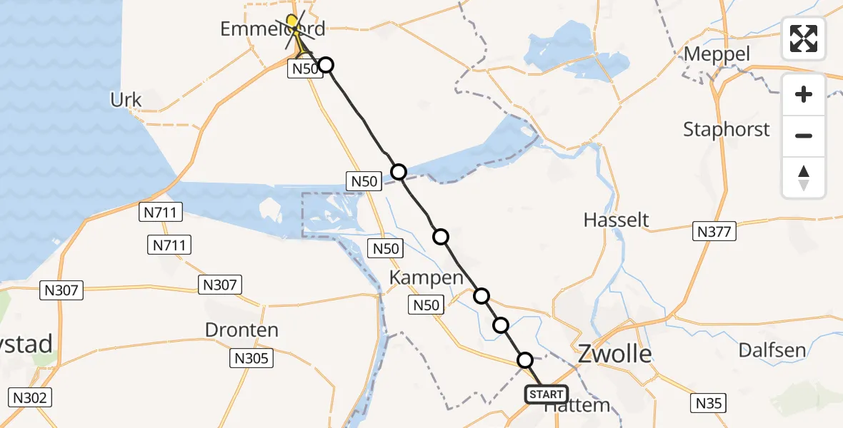 Routekaart van de vlucht: Ambulancehelikopter naar Emmeloord