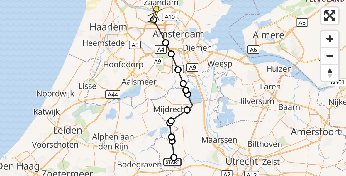 Routekaart van de vlucht: Lifeliner 1 naar Amsterdam Heliport