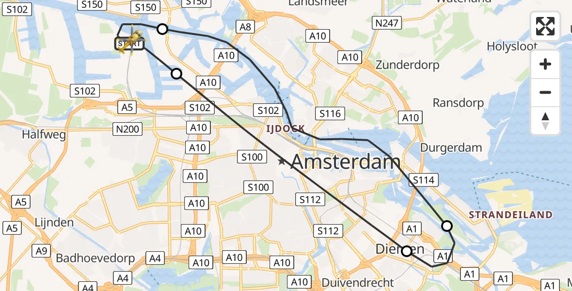 Vluchtroute Traumahelikopter Amsterdam Heliport - Amsterdam Heliport, 09 januari 2024, 12:49