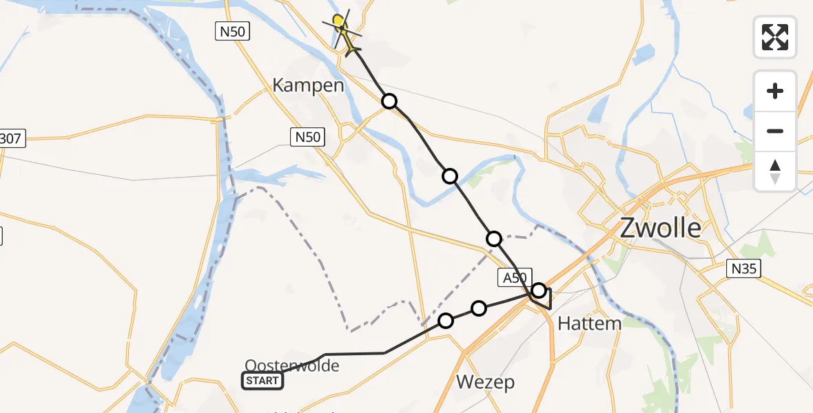 Routekaart van de vlucht: Ambulanceheli naar IJsselmuiden