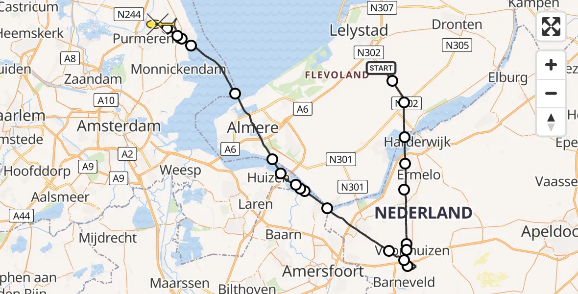 Routekaart van de vlucht: Ambulanceheli naar Purmerend