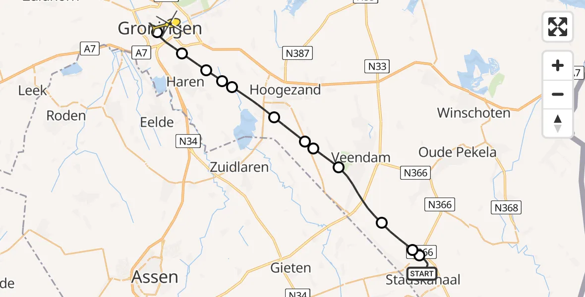 Routekaart van de vlucht: Lifeliner 4 naar Universitair Medisch Centrum Groningen