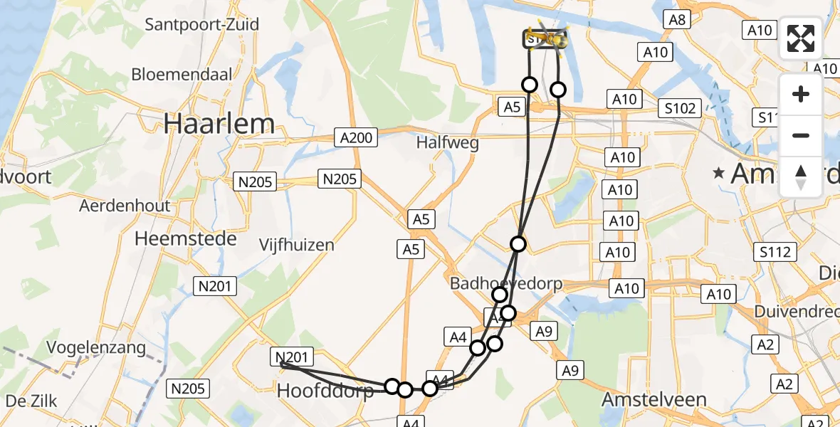 Vluchtroute Traumahelikopter Amsterdam Heliport - Amsterdam Heliport, 09 januari 2024, 15:59