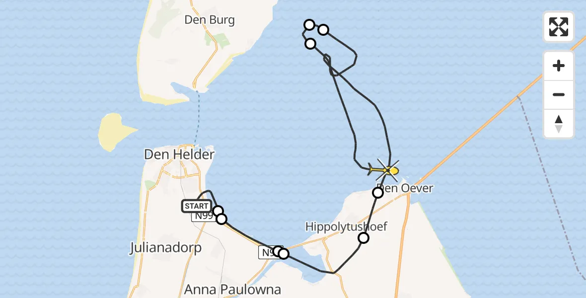 Routekaart van de vlucht: Kustwachthelikopter naar Den Oever