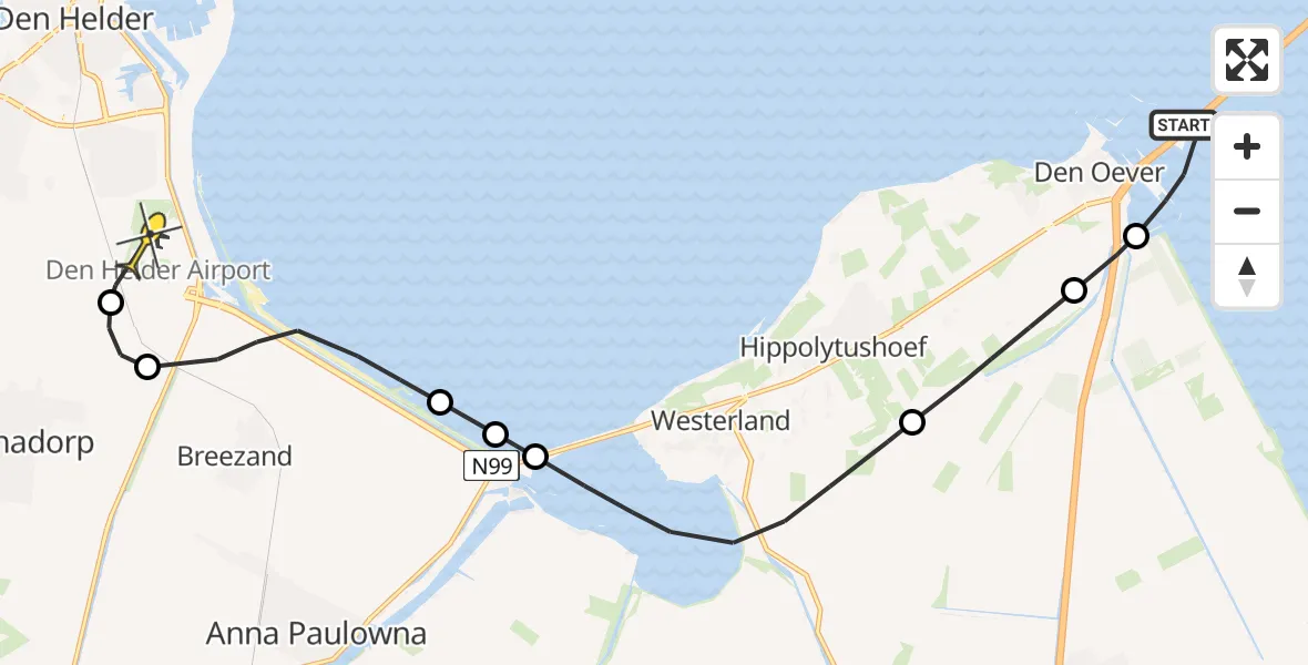 Routekaart van de vlucht: Kustwachthelikopter naar Vliegveld De Kooy