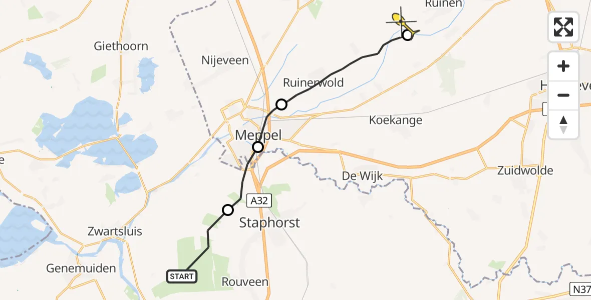 Routekaart van de vlucht: Ambulanceheli naar Ruinen