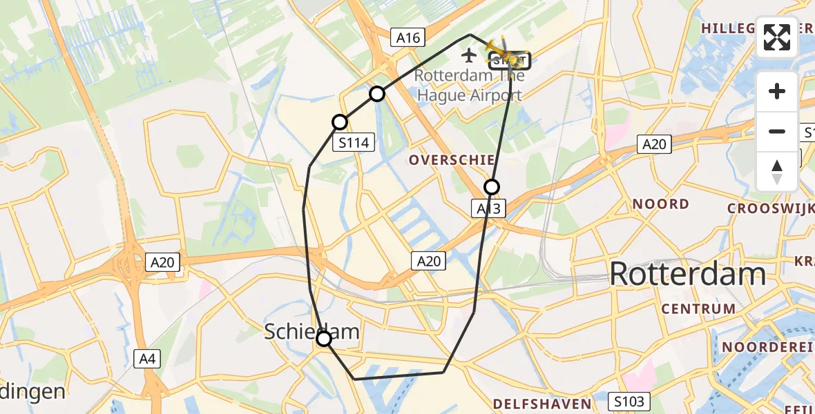 Vluchtroute Traumahelikopter Rotterdam The Hague Airport - Rotterdam The Hague Airport, 09 januari 2024, 19:33
