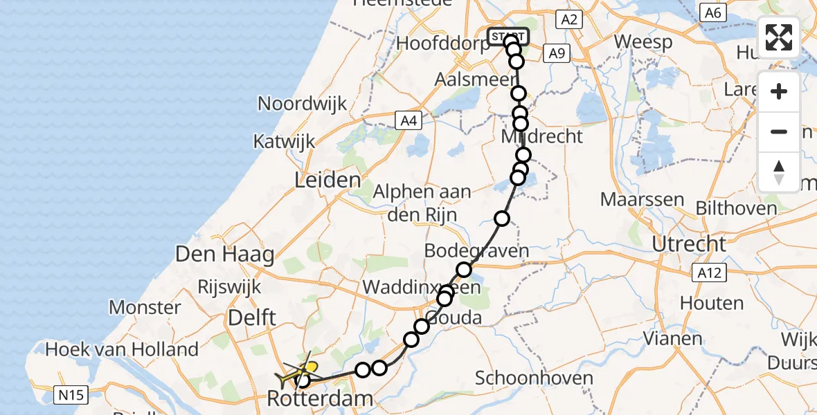 Routekaart van de vlucht: Politieheli naar Rotterdam The Hague Airport