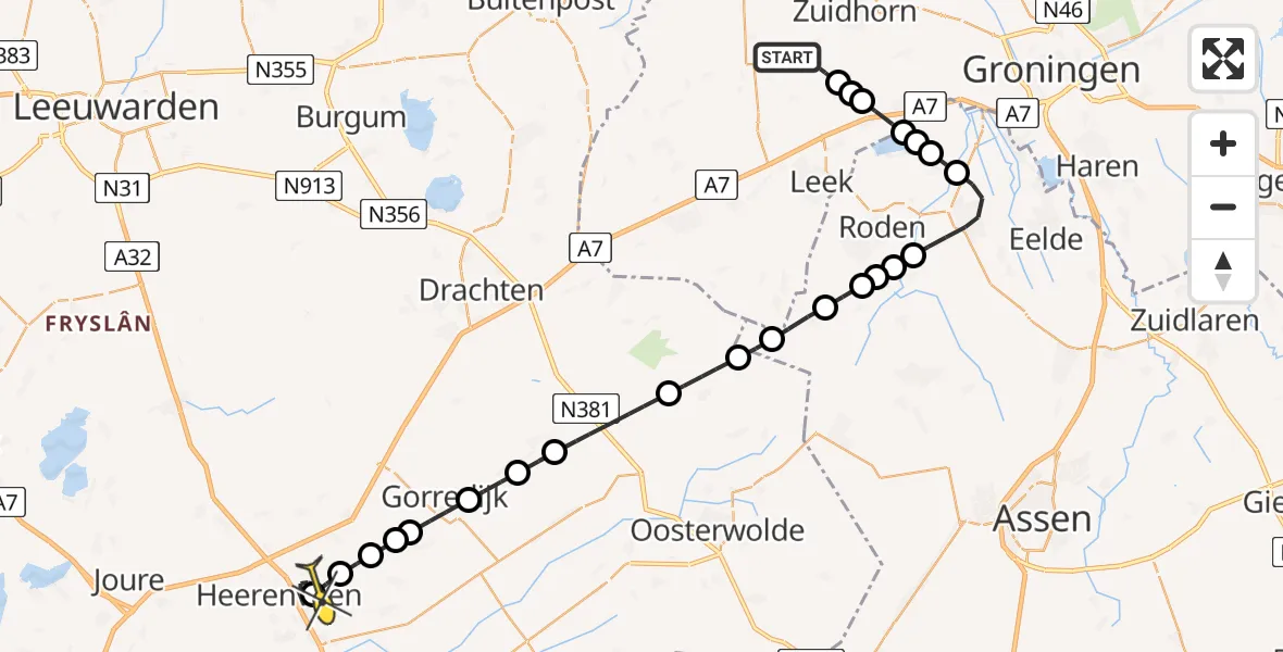 Routekaart van de vlucht: Lifeliner 4 naar Heerenveen