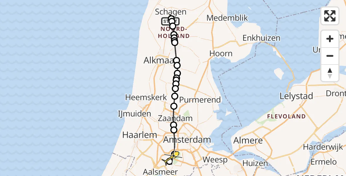 Routekaart van de vlucht: Politieheli naar Schiphol