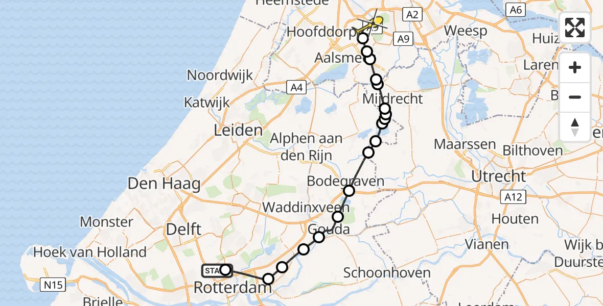 Routekaart van de vlucht: Politieheli naar Schiphol