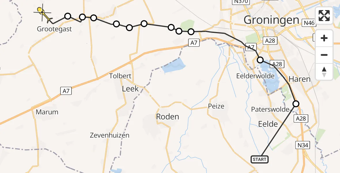 Routekaart van de vlucht: Ambulanceheli naar Lutjegast